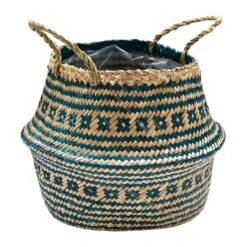 Seagrass Tribal Basket - Teal Lined -HousePlants Shop Seagrass Tribal Basket Teal Lined 35x30cm