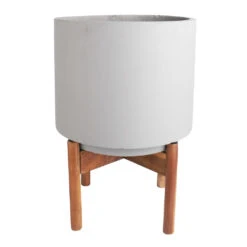 Vigo Plant Pot With Wooden Stand - Concrete Grey -HousePlants Shop Vigo Plant Pot with Wooden Stand Concrete Grey 28x37cm 2